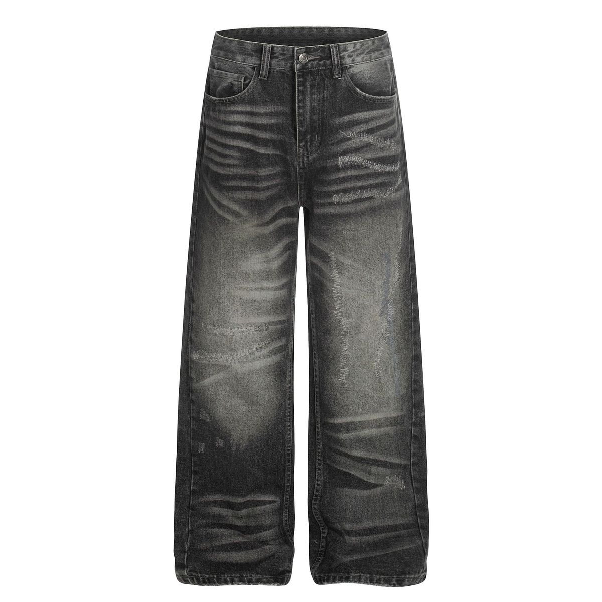 Men's High Street Distressed Loose Fit Jeans With Cat Whisker Design - Comfortable Stretch Denim Pants For Casual Wear (Black)_mkmklike.com