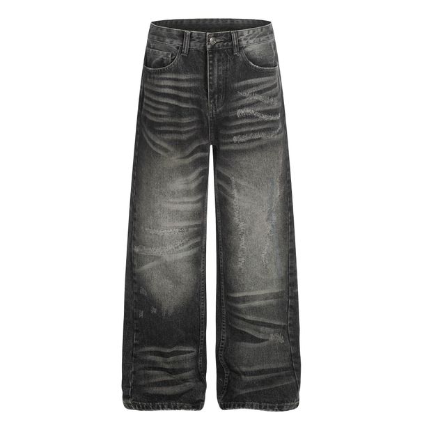 Men's High Street Distressed Loose Fit Jeans With Cat Whisker Design - Comfortable Stretch Denim Pants For Casual Wear (Black)_mkmklike.com
