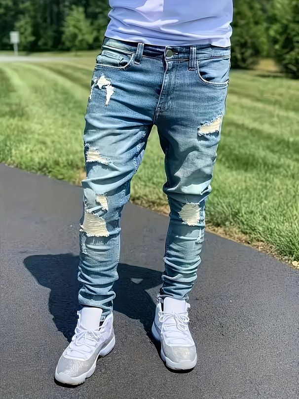 Men's Clothing Retro Ripped Jeans, Men's Mid Rise Stretch Slim Fit Casual Pants For All Seasons._mkmklike.com