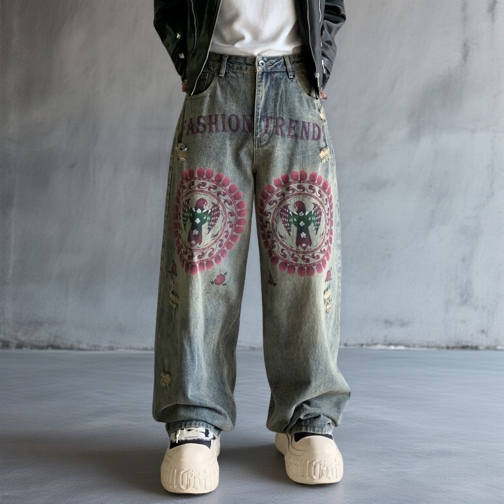 Men's Clothing Trendy Men's Loose Fitting Straight Leg Jeans Graffiti Details Blue Washed Faux Ripped American Style_mkmklike.com