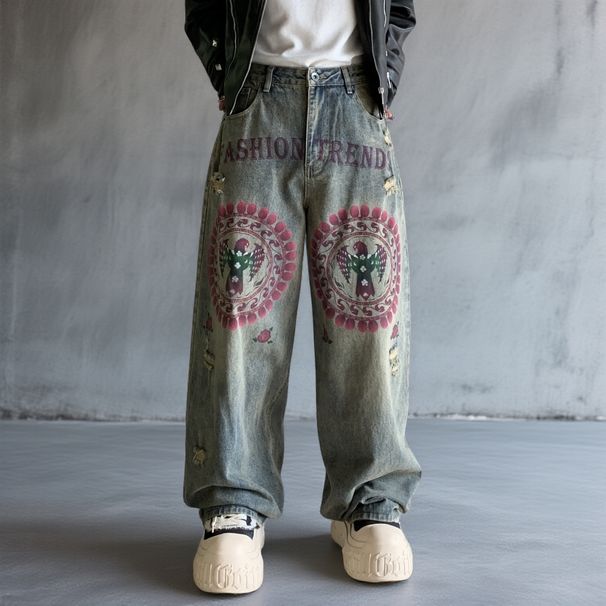 Men's Clothing Trendy Men's Loose Fitting Straight Leg Jeans Graffiti Details Blue Washed Faux Ripped American Style_mkmklike.com