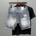 Summer New Trendy Brand Youth Men's Denim Shorts Light Color Washed Piercing Beggar Patch Mid Pants_mkmklike.com