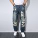Men's Retro Straight Leg Jeans American Style Autumn Casual Wrinkle Resistant Loose Fit With Patches And Rips_mkmklike.com