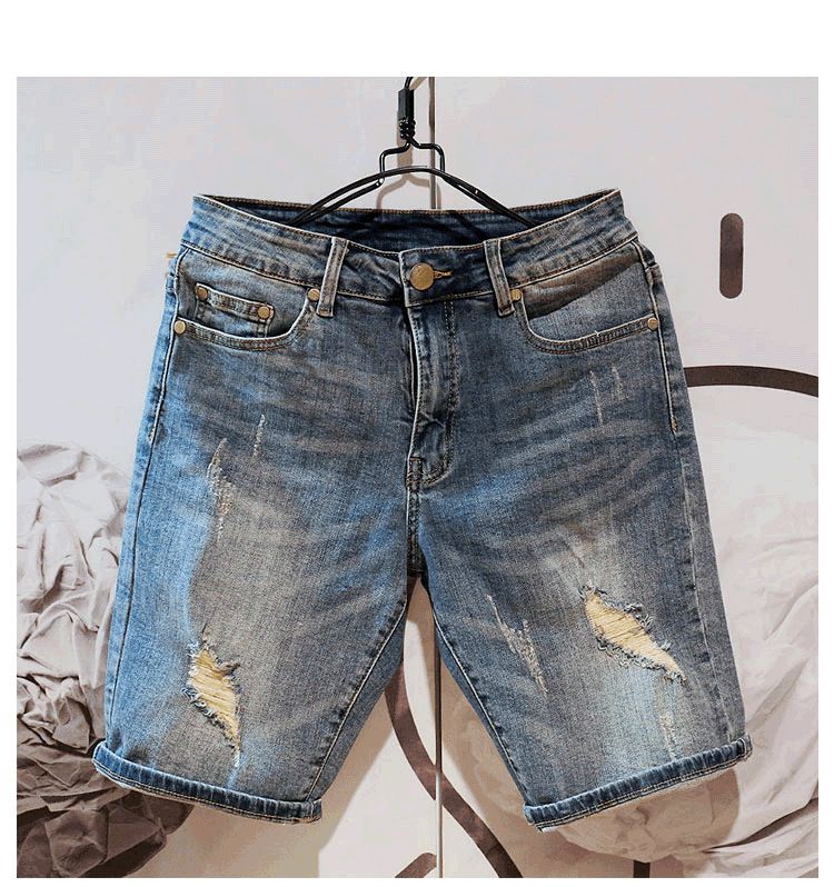 Men's Distressed Printed Denim Shorts Mid-Length Straight Leg Stretch Retro Korean Style Trendy Five Point Riding Breeches for Summer_mkmklike.com