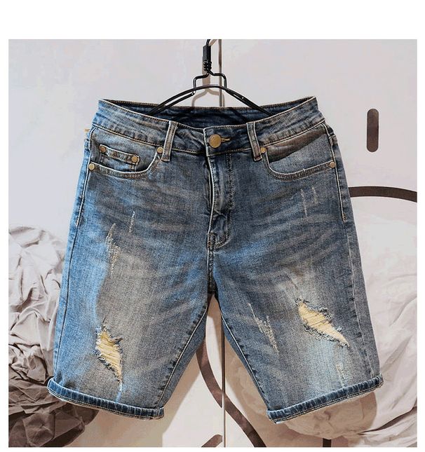 Men's Distressed Printed Denim Shorts Mid-Length Straight Leg Stretch Retro Korean Style Trendy Five Point Riding Breeches for Summer_mkmklike.com