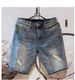 Men's Distressed Printed Denim Shorts Mid-Length Straight Leg Stretch Retro Korean Style Trendy Five Point Riding Breeches for Summer_mkmklike.com