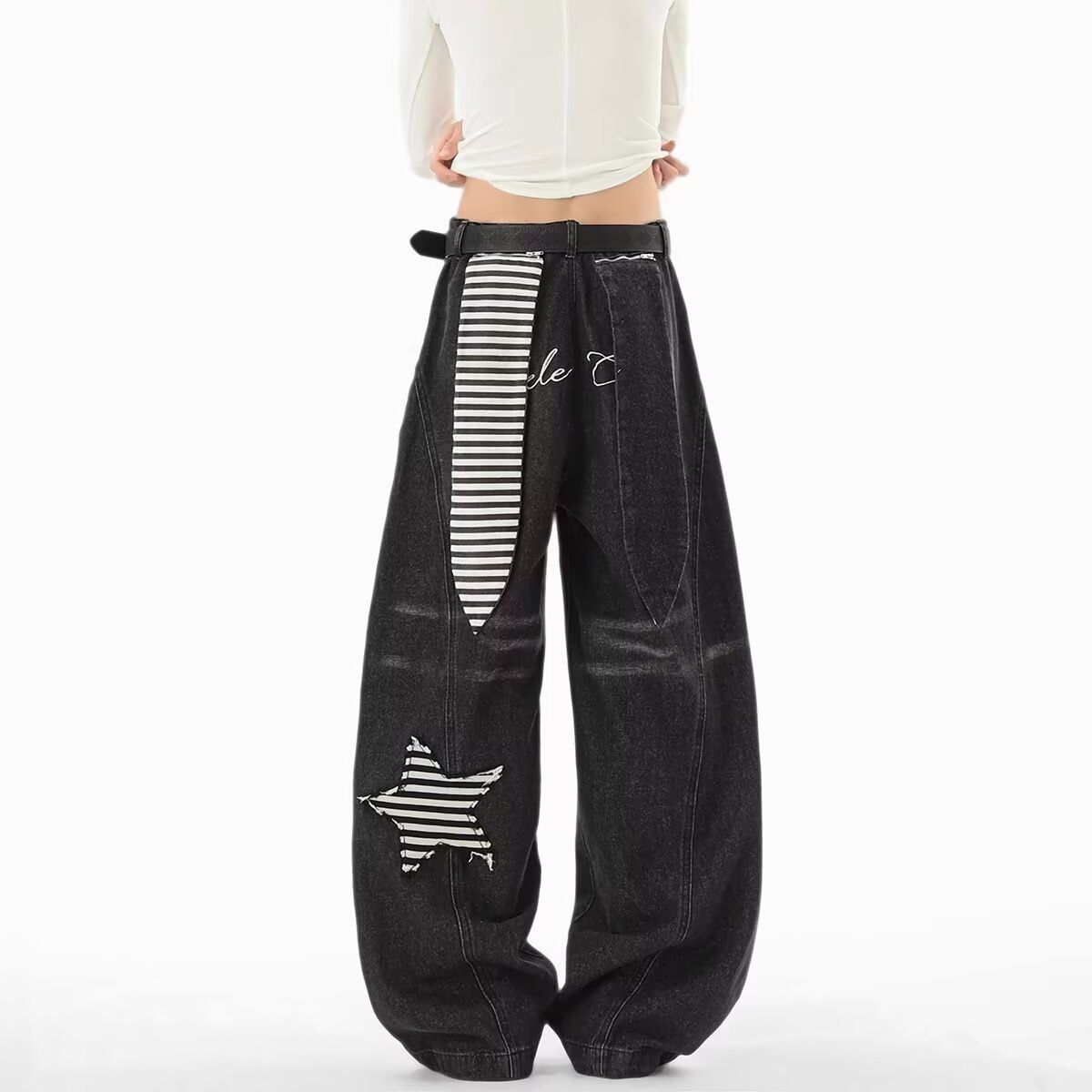 Unisex Washed Stripe Jeans - Relaxed Fit Straight Leg High Waist Wide Pants, Vintage American Style With Adjustable Drawstring_mkmklike.com