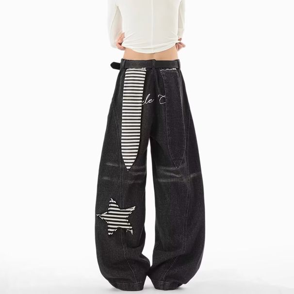 Unisex Washed Stripe Jeans - Relaxed Fit Straight Leg High Waist Wide Pants, Vintage American Style With Adjustable Drawstring_mkmklike.com