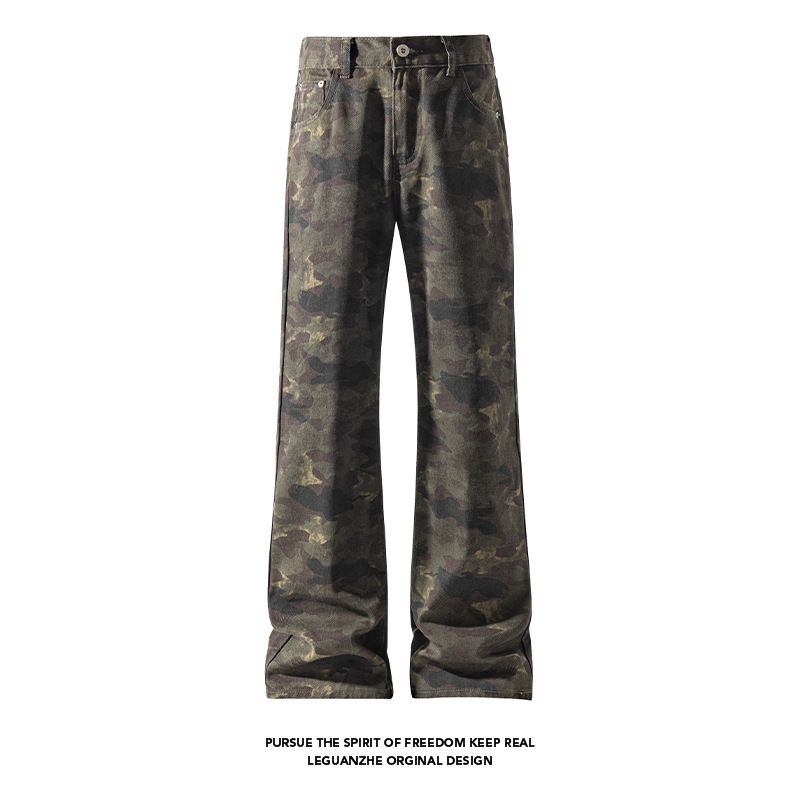 American-style High Street Cool Distressed Street-style Flared Camouflage Pants, Autumn Loose Plus-size Slimming Jeans_mkmklike.com