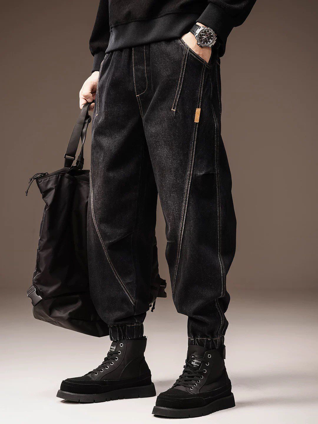 Men's High End Retro Workwear Jeans Loose Fit Harem Style Jogger Cuffs Casual Long Pants Winter New Style American Denim_mkmklike.com