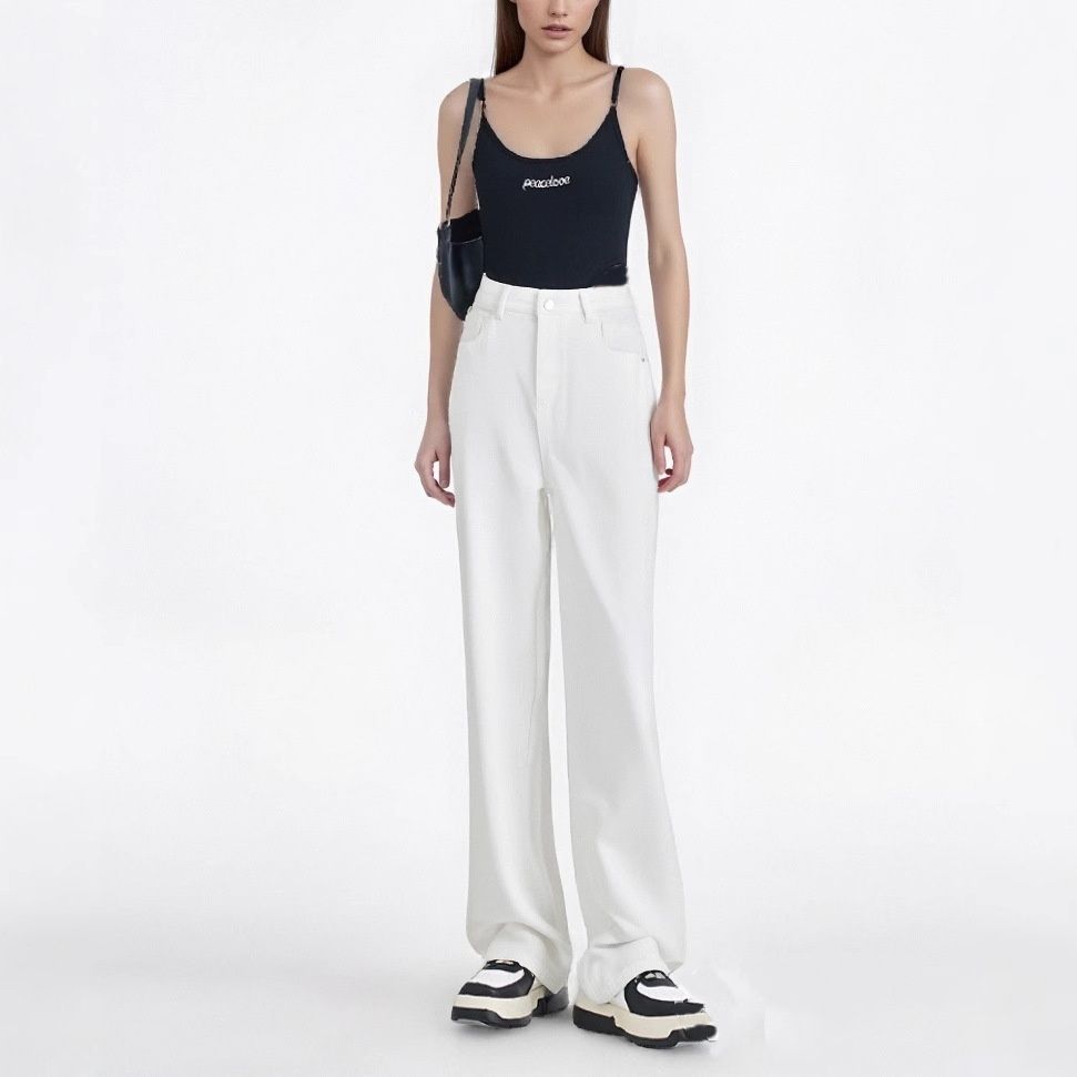 White Water-resistant Tencel Jeans For Women, 2025 Summer Casual, Age-reducing, High-waisted, Slimming, Straight-leg,_mkmklike.com