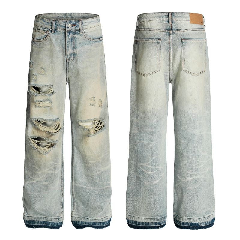 Men's Distressed Denim Jeans - Asymmetric Raw Hem Straight-Leg Pants (Light Blue, S-XXL)_mkmklike.com