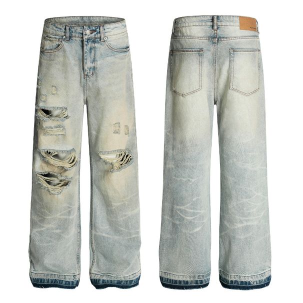 Men's Distressed Denim Jeans - Asymmetric Raw Hem Straight-Leg Pants (Light Blue, S-XXL)_mkmklike.com