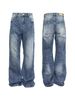 Men's Distressed Washed Denim Jeans - Mid-Rise Straight Bootcut Pants With Lightning Crack Design, Clean Fit Stretch-Free Cotton For Casual_mkmklike.com