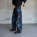Men's Clothing Style Denim Trendy Black Graffiti Washed Loose Straight Leg Midweight Cotton Trousers Skinny Pants Wide Leg_mkmklike.com