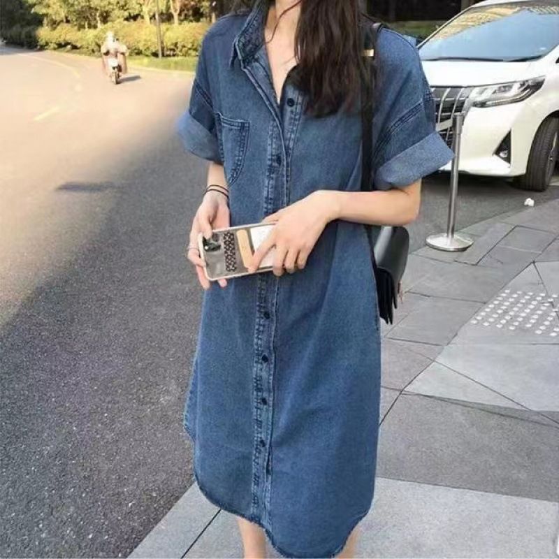Korean Short Sleeved Loose Plus Size Denim Shirt For Women, Mid To Length, Slimming Dress, Tall And Long Skirt_mkmklike.com