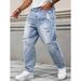 Men's High Street Distressed Jeans Light Blue Straight Leg Baggy Ripped Denim Pants For Casual Streetwear_mkmklike.com