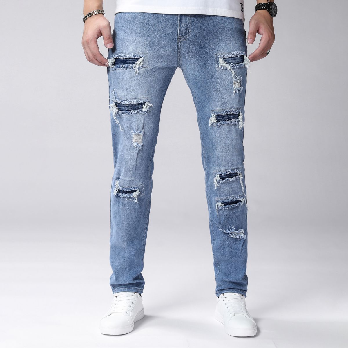 Trendy Ripped Patch Elastic Jeans For Men, Fashionable Slim Fit Casual Small Leg Pants For Men, Retro Slimming And Long Pants For Men_mkmklike.com