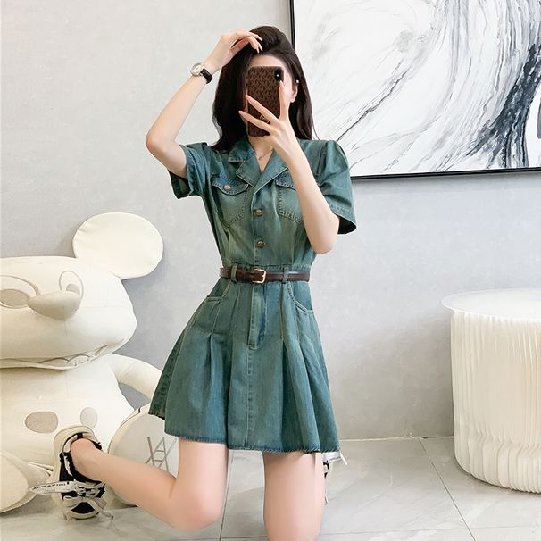 Cowboy Dress, Thin Pleated Skirt, Short Sleeved Summer High Waisted Casual Suit Collar_mkmklike.com