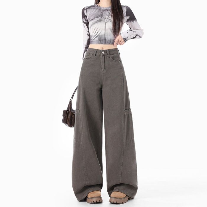 Wild Versatile Style|Versatile For Going Out|Women's Cement Large Pocket Cargo Jeans Gray Long Pants_mkmklike.com