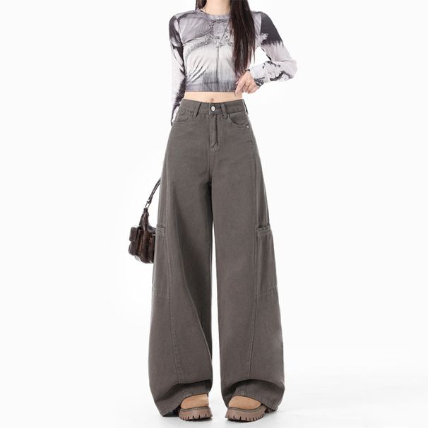 Wild Versatile Style|Versatile For Going Out|Women's Cement Large Pocket Cargo Jeans Gray Long Pants_mkmklike.com