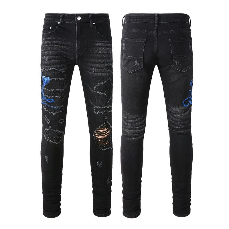 Men's Clothing New Hip Hop Embroidered Ripped Patch Jeans Large Size Stretch Men's Pants_mkmklike.com