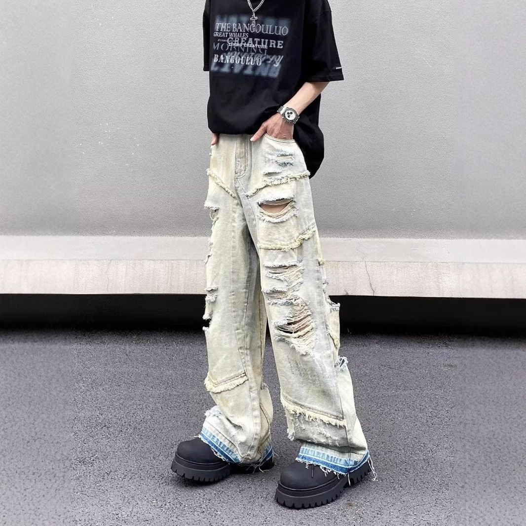 Vintage Washed Distressed Denim Jeans For Men & Women - Relaxed Fit Wide Leg High Street Straight Pants_mkmklike.com