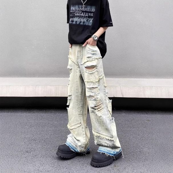 Vintage Washed Distressed Denim Jeans For Men & Women - Relaxed Fit Wide Leg High Street Straight Pants_mkmklike.com