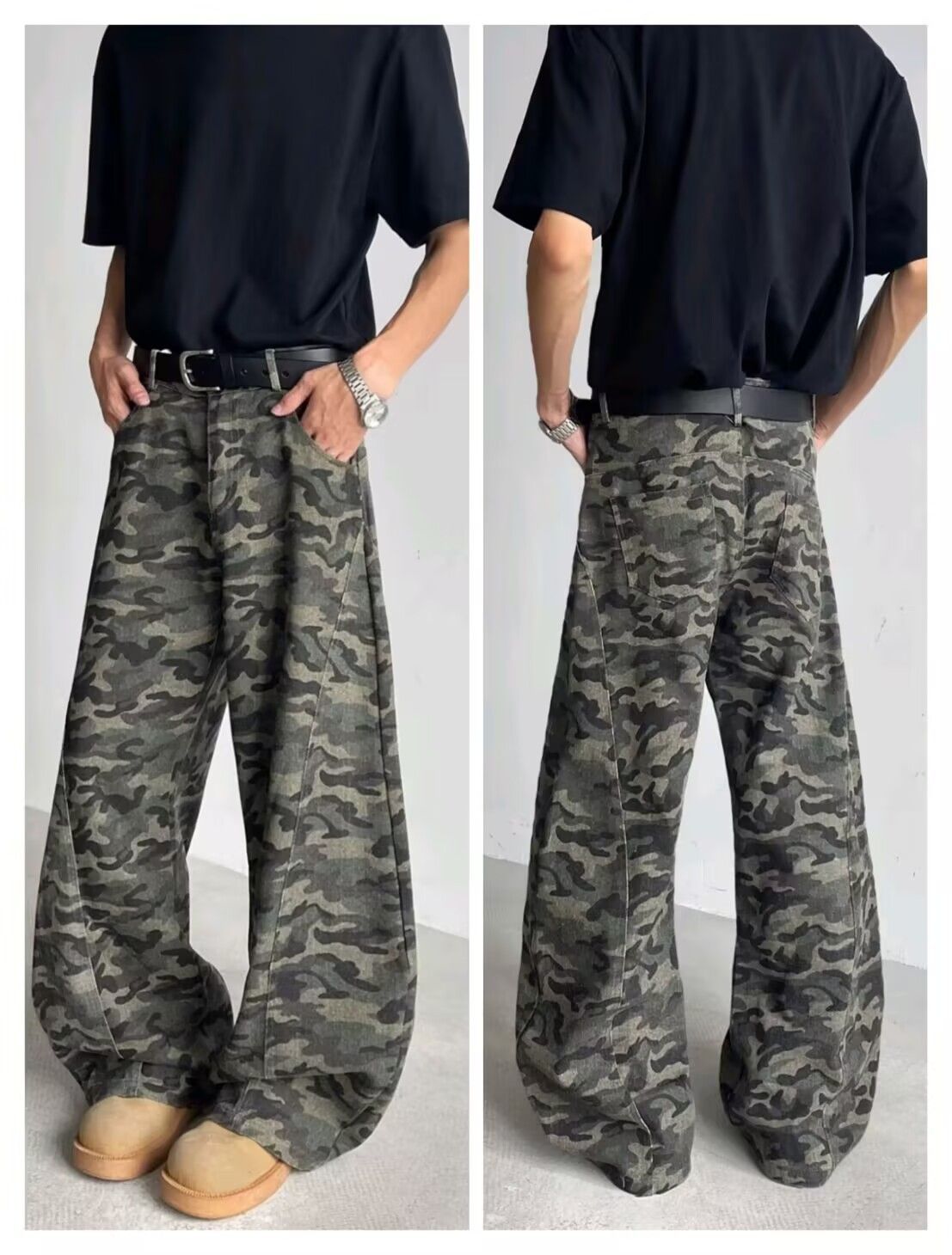 Men's Clothing Unisex High-Street Camo Cargo Pants With Contrast Panels & Multi-Pockets - Straight Leg Denim Jeans For Men & Women_mkmklike.com