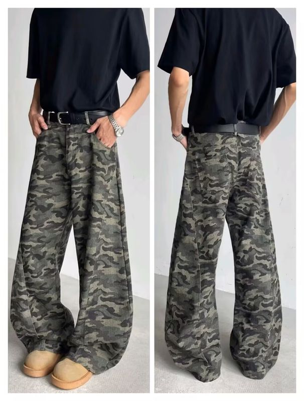 Men's Clothing Unisex High-Street Camo Cargo Pants With Contrast Panels & Multi-Pockets - Straight Leg Denim Jeans For Men & Women_mkmklike.com