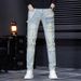 Men's Stretch Slim Fit Denim Jeans With Patchwork & Ripped Details For Casual Streetwear_mkmklike.com