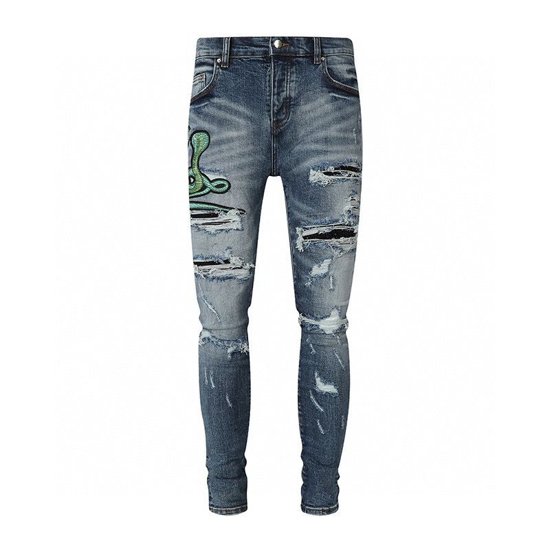 Men's Clothing Fashion Embroidered Holes Slim Fit Light Blue Distressed Washed Denim Jeans With Three-Headed Snake Embroidery & Leather Patchwork_mkmklike.com
