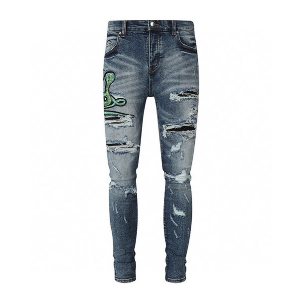 Men's Clothing Fashion Embroidered Holes Slim Fit Light Blue Distressed Washed Denim Jeans With Three-Headed Snake Embroidery & Leather Patchwork_mkmklike.com