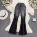 Retro Patchwork Flare Jeans – Petite-Friendly High Waist (S-5XL, Color-Blocked)_mkmklike.com