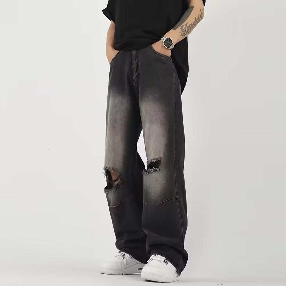 Men's Retro American Yellow Muddy Dye Ripped Jeans Thin Washed Straight Wide Leg Pants Summer Drape_mkmklike.com