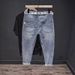 Men's Slim Fit Stretch Jeans Light Blue Distressed with Embroidery Comfortable Cropped Casual Pants for Spring Summer Fall_mkmklike.com