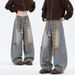 Cartoon Towel Embroidery Flared Jeans – Baggy Wide-Leg Trousers, Streetwear Vintage Denim Pants For Men, Retro Loose Fit With Unique Design_mkmklike.com
