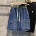 Trendy Men's Casual Workwear Denim Shorts, Summer Multi Mouth Bag, Elastic Waist, Work Wear Capris_mkmklike.com