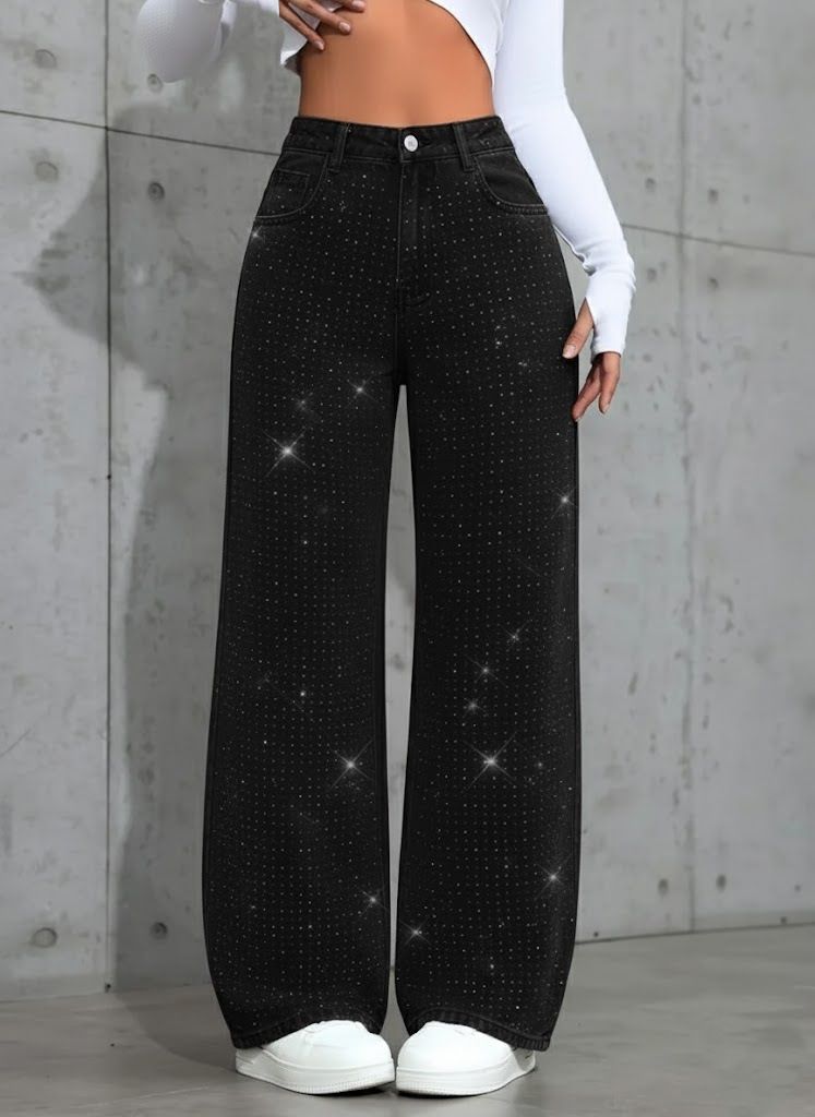 Women's High-Waisted Flared Jeans With Rhinestone Embellishments – Stretch Denim Wide-Leg Pants (XS-XXL, Washed & Distressed Look)_mkmklike.com