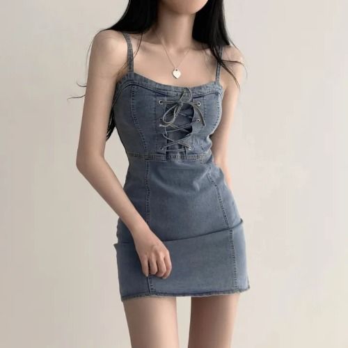 ELLE Korean Chic Summer New Versatile Sexy Waist-Slimming Tie Strap Denim Short Bodycon Dress For Women_mkmklike.com