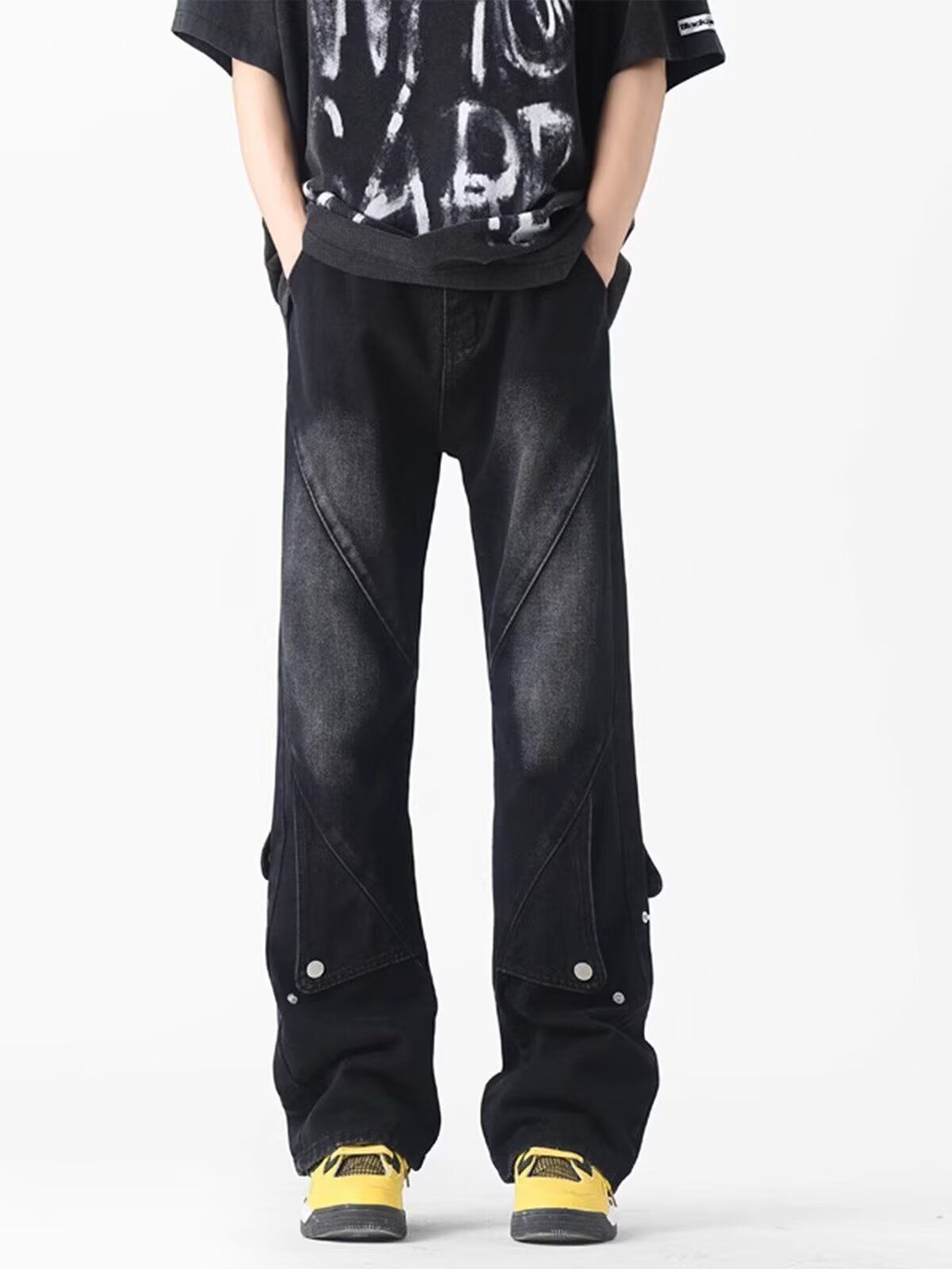 Men's Retro Patchwork Button Down Jeans High Street Design Casual Straight Leg Slightly Flared Pants For Spring And Autumn_mkmklike.com