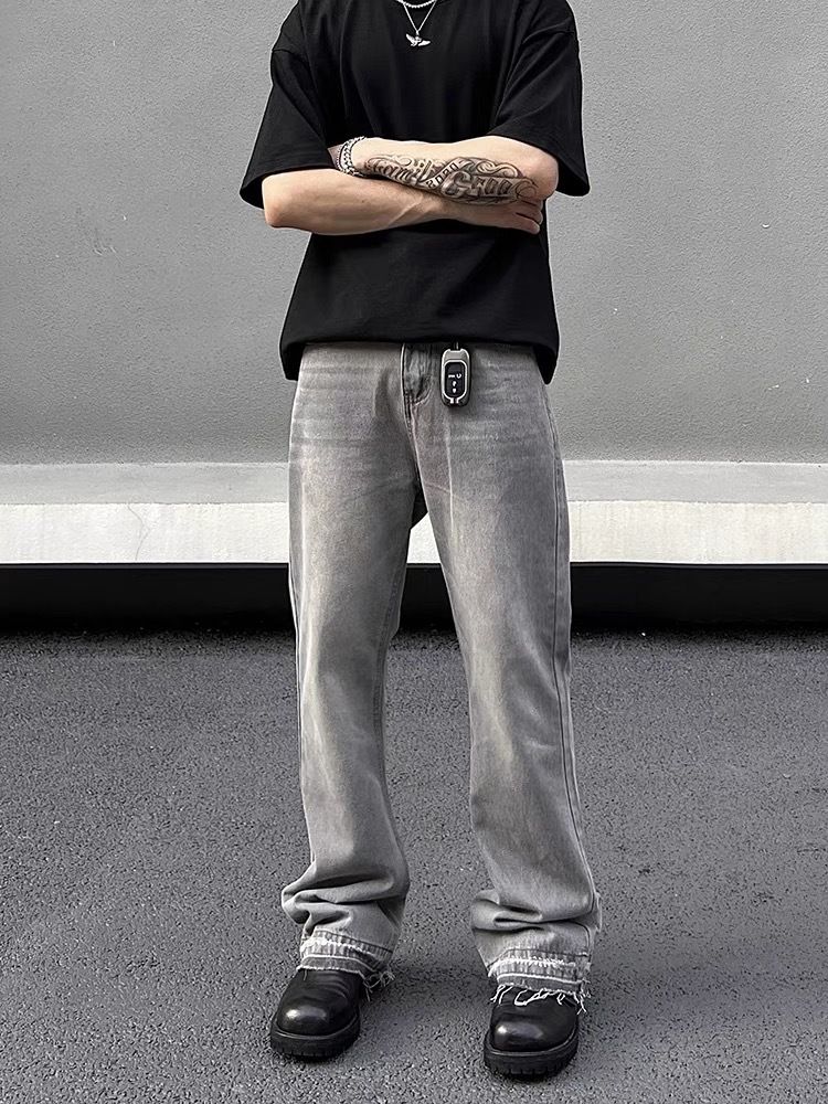 Men's Clothing High Street Washed Gray Straight Tube Slightly Flared Cleanfit Pants Trendy_mkmklike.com