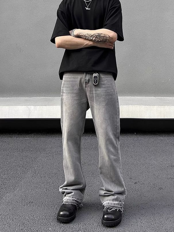 Men's Clothing High Street Washed Gray Straight Tube Slightly Flared Cleanfit Pants Trendy_mkmklike.com