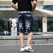 Men's Blue Loose Straight Leg Denim Shorts Mid-Length Patchwork Trendy Brand Five-Point Print Cross-Border European Size_mkmklike.com