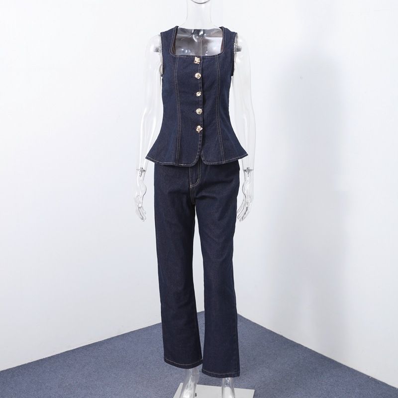 Women's Clothing New Temperament Commuting Dark Blue Sleeveless Denim Suit_mkmklike.com