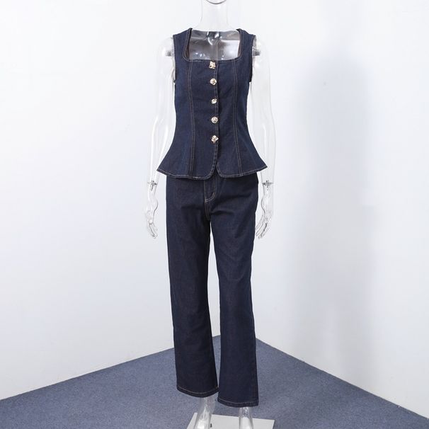 Women's Clothing New Temperament Commuting Dark Blue Sleeveless Denim Suit_mkmklike.com