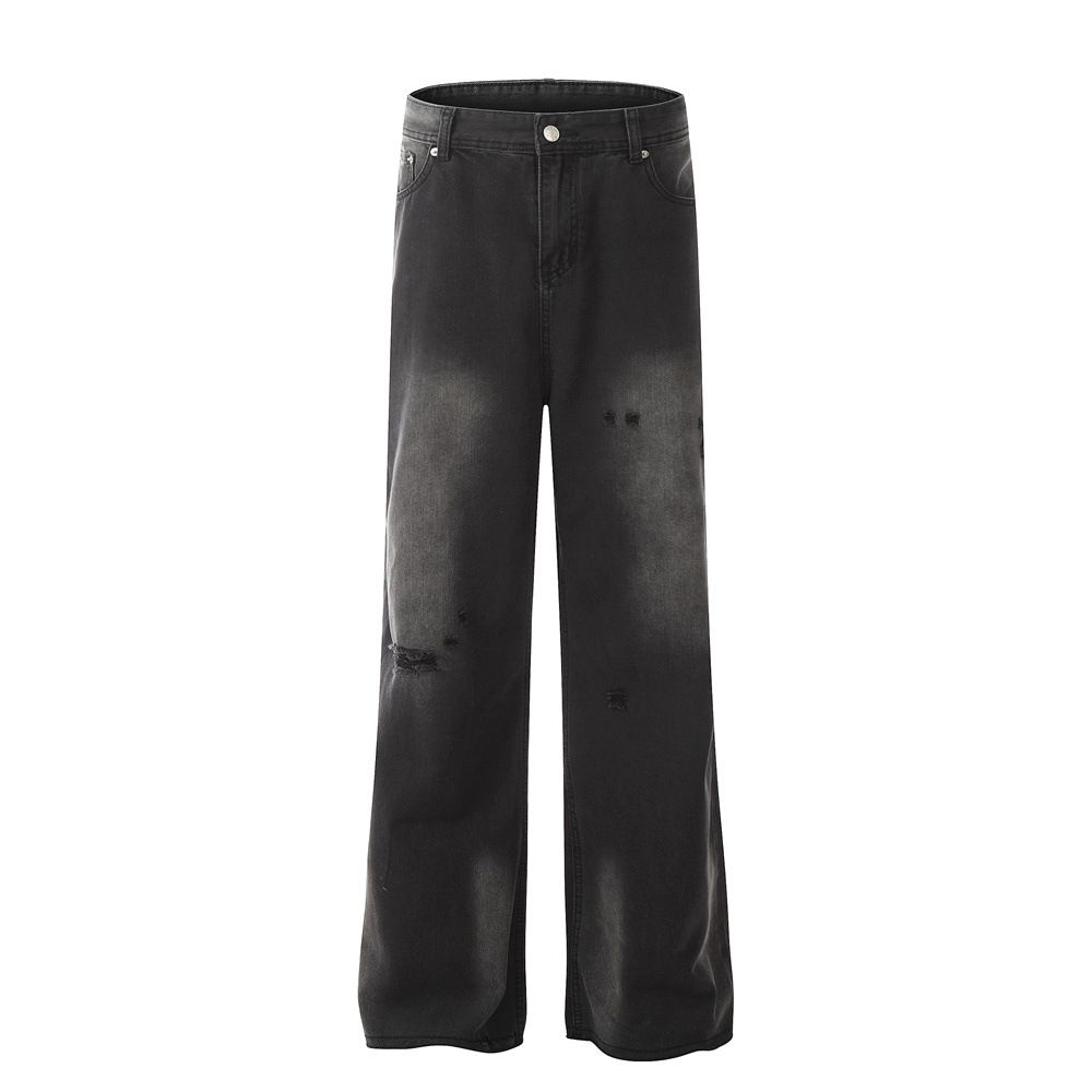 Wasteland Style Frayed Vintage Raw Hem Denim Men's Punk Street Fashion Beggar Spray Painted Ripped Straight Loose Pants_mkmklike.com