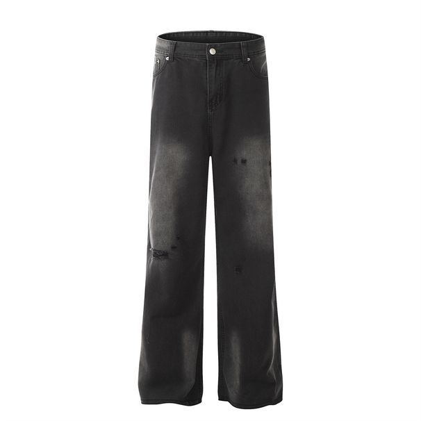 Wasteland Style Frayed Vintage Raw Hem Denim Men's Punk Street Fashion Beggar Spray Painted Ripped Straight Loose Pants_mkmklike.com