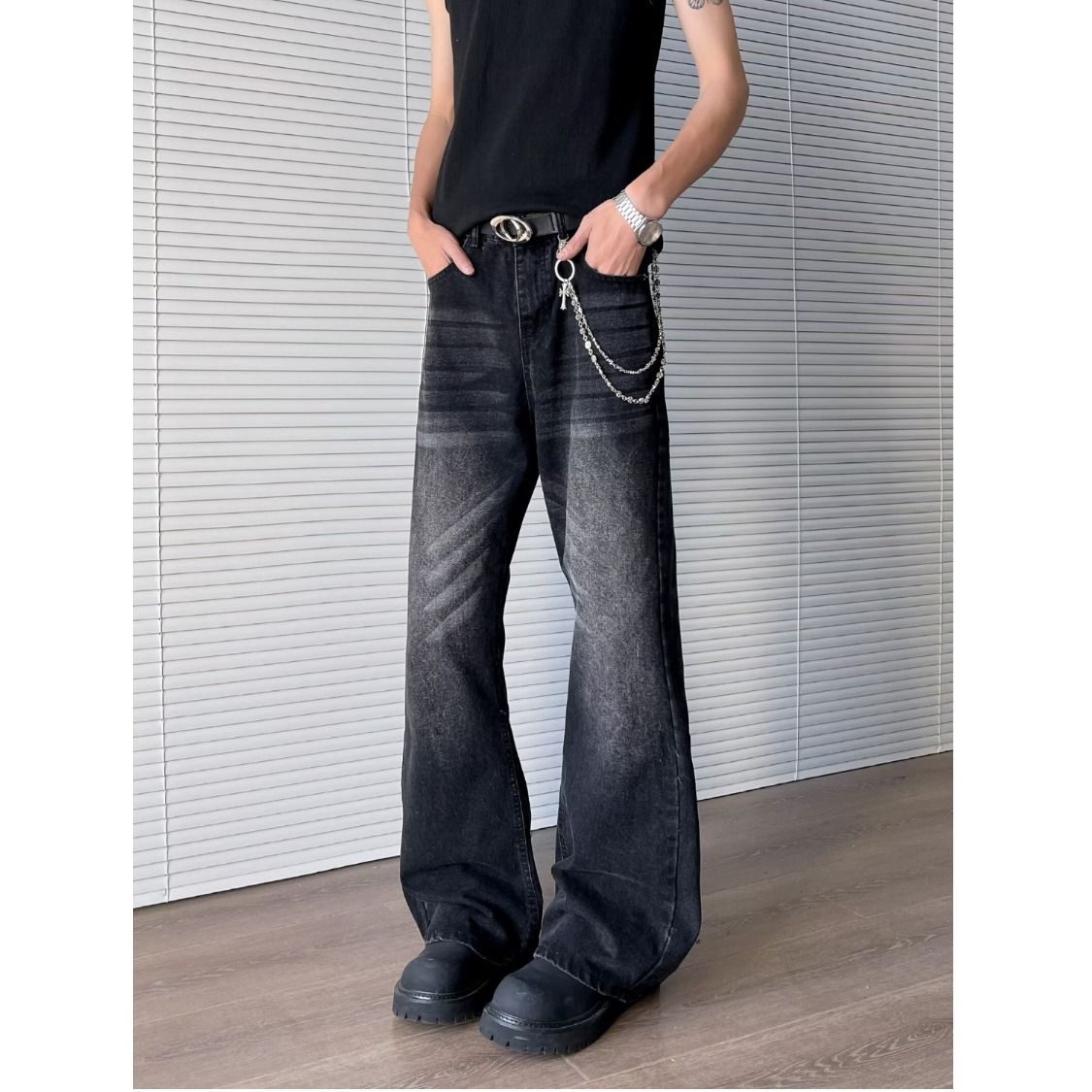 High-quality Foreign Trade Unbranded Harajuku New WAashed Cat Whisker Mopping The Floor Slightly Pull Jeans Men's Straight Ins Simple_mkmklike.com