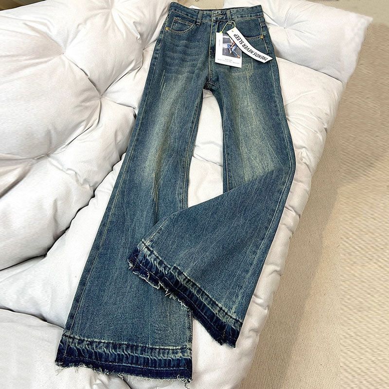 plus Size High-Waisted Slim Fit Flared Jeans for Women Frayed Hem Retro Straight Leg Trousers_mkmklike.com